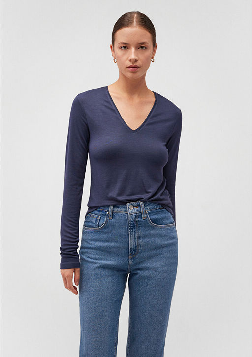 Uzun Kollu Lacivert Basic Tisort - Mavi фото 2