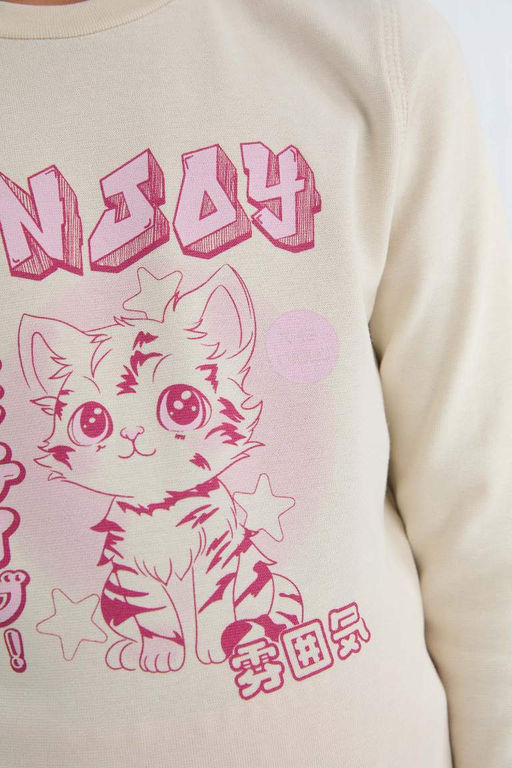 Укороченная футболка с длинными рукавами и круглым вырезом для девочек в рубчик с принтом - Defacto фото 5