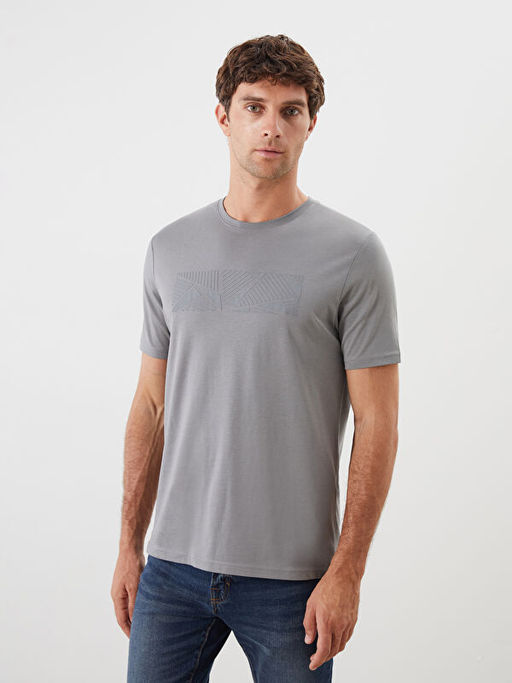 Bisiklet Yaka Bask?l? Penye Erkek Ti??rt