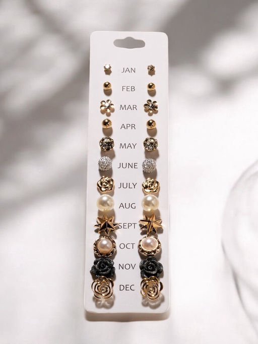 Серьги пусеты 12 пар One year, романтика, бело-серые в золоте