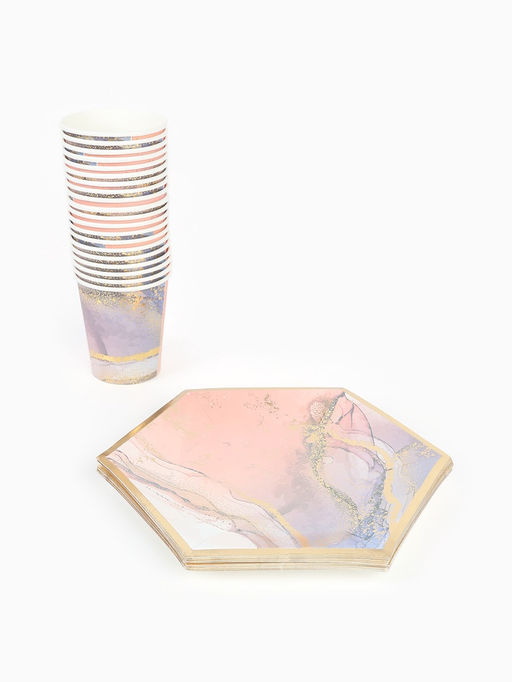 Посуда одноразовая бумажная на 20 персон, 40 предметов, мрамор розовый