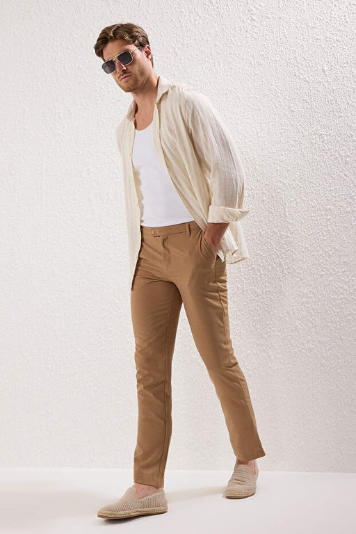 Bej Slim Fit _talyan Kesim Chino Kuma_ Pantolon TMNAW23PL00034