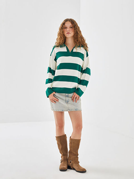 Polo Yaka ?izgili Kad?n Triko Kazak