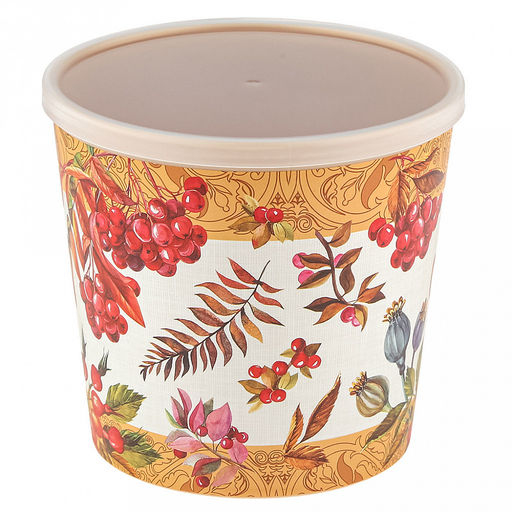 Контейнер-кружка пластмассовый 0,75л, д11,2см, 10,5см, с крышкой, с клапаном, бежевый, с декором, подходит для СВЧ (Россия)