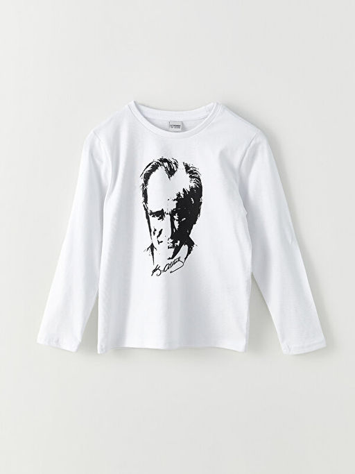 Bisiklet Yaka Atat?rk Bask?l? Uzun Kollu Pamuklu Erkek ?ocuk Ti??rt