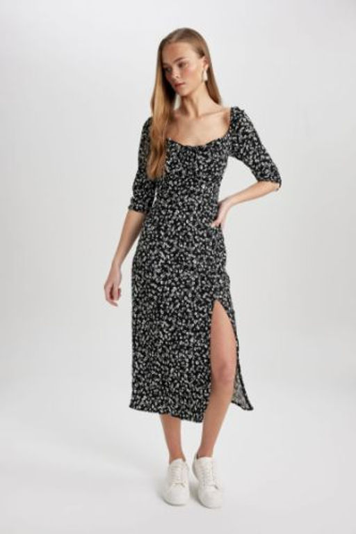 Bodycon Kare Yaka Cicekli Burumcuk Yar?m Kol Midi Elbise