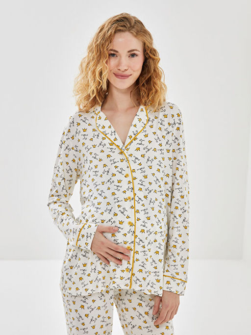 G?mlek Yaka Bask?l? Kad?n Pijama Tak?m?