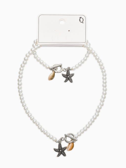 Набор 2 пред-та: бусы.браслет "Жемчуг", звезда, цвет белый в серебре L=18/42см №6