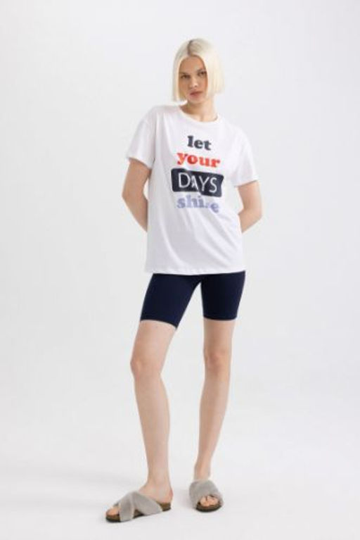 Fall in Love Pijama Tak?m Bask?l? K?sa Kollu Sort Beli Lastikli Alt