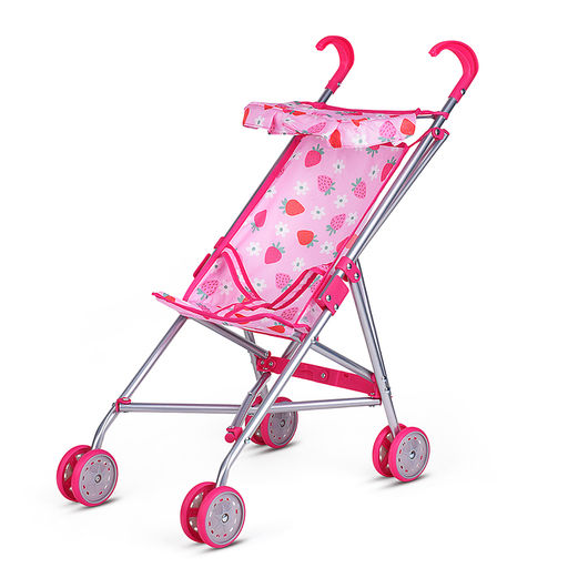 Коляска для кукол металлическая, складная, прогулочная с козырьком, цвет розовый с клубничкой.