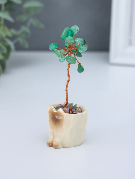 Денежное дерево декоративное «Сувенир бонсай. Котик-горшок», 12 зелёных камней, 3.3×3.4×8.8 см