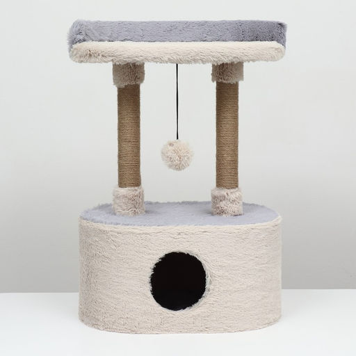 Домик для кошек с когтеточкой, с овальной полкой, 54 х 34 х 80 см, пушистый мех, джут, серый - Пижон фото 2