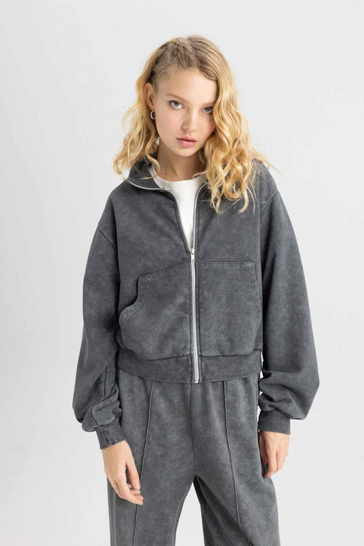 Толстовка на молнии из плотной моющейся ткани с эффектом потертости Cool - Defacto фото 4