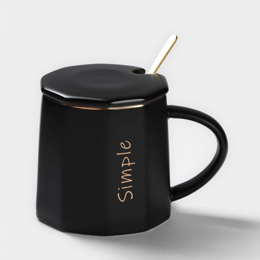 Кружка с ложкой Simple, 350 мл, керамика, чёрная