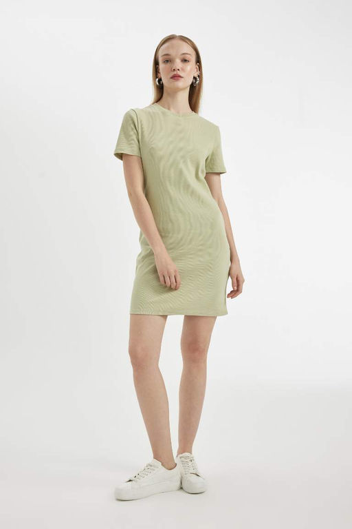 Мини-платье Bodycon с круглым вырезом в рубчик и короткими рукавами - Defacto фото 2