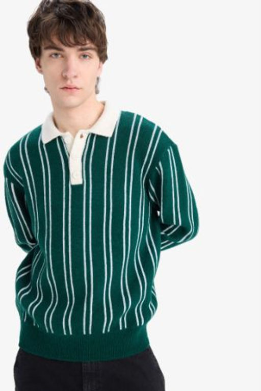 Relax Fit Polo Yaka Cizgili Triko Kazak