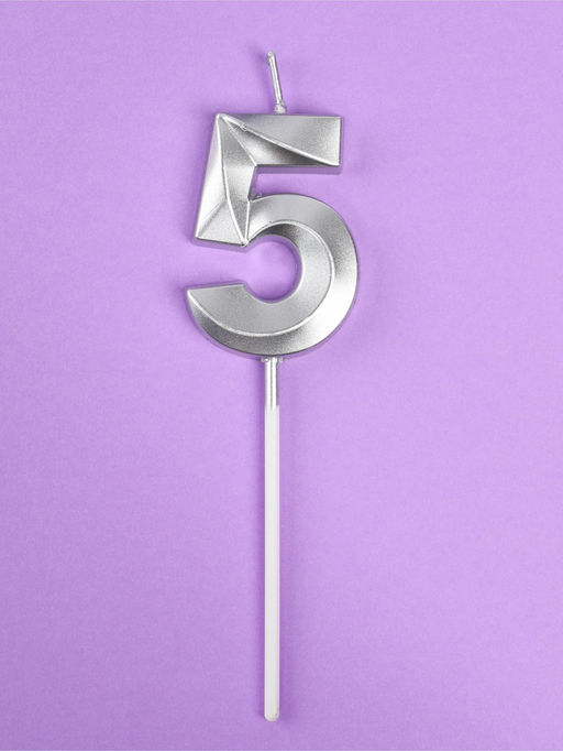 Цена за 2 шт. Свеча в торт на шпажке «Грань», цифра 5, серебро, 5 см