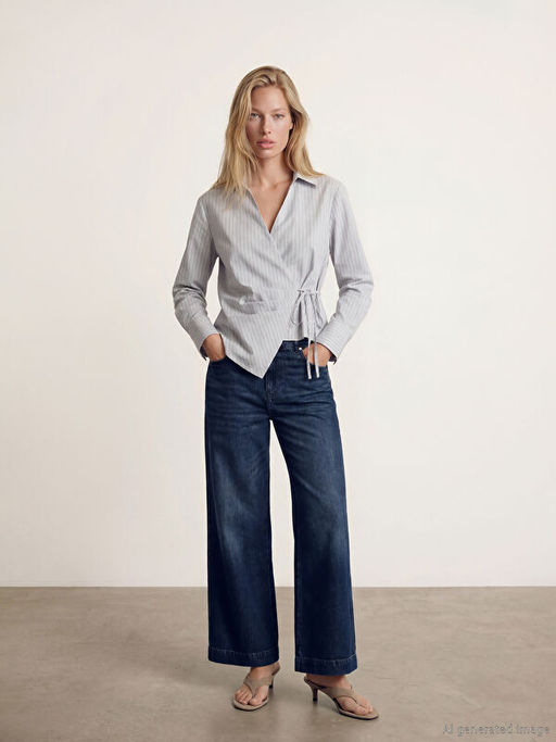 Kruvaze Yaka ?izgili Kad?n G?mlek