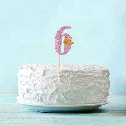 Цена за 7 шт. Топпер для торта 6, с короной, розовый