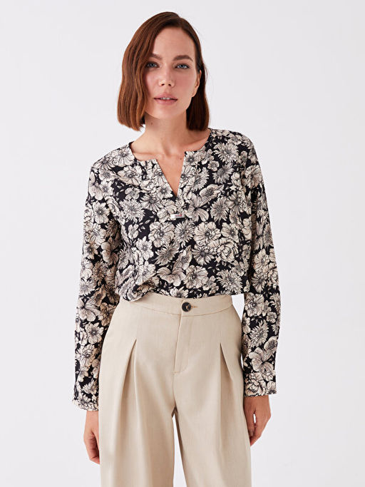 Ka??k Yaka ?i?ekli Uzun Kollu Kad?n Bluz