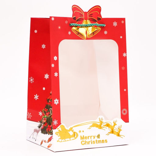 Цена за 2 шт. Пакет подарочный ламинированный с окном «Рождественский звон», тиснение 30×20×16 см, красный