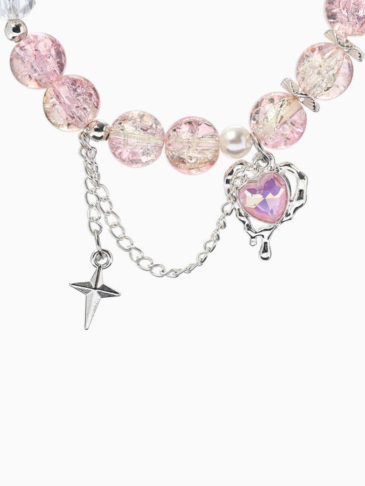 Браслет с подвесками "Сахарный" сердце, искра. шар № 10/8, цвет розово-бежевый в серебре