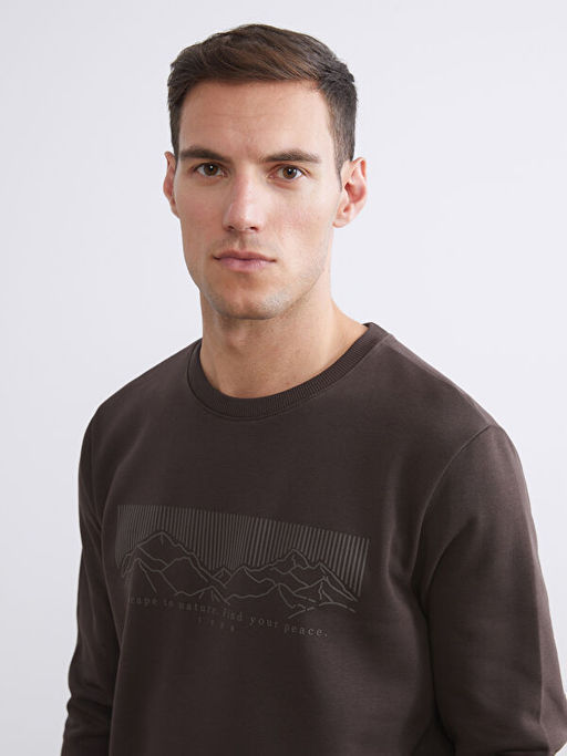 Bisiklet Yaka Bask?l? Erkek Kal?n Sweatshirt