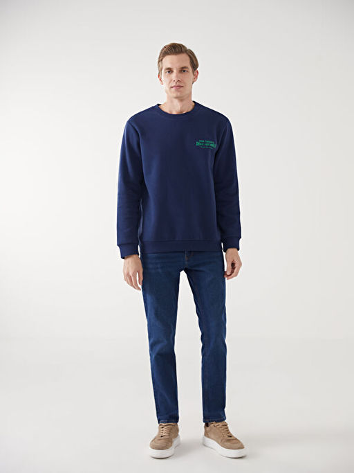 Bisiklet Yaka Bask?l? Erkek Kal?n Sweatshirt