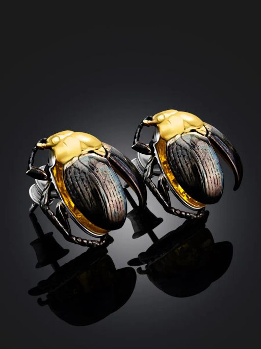 Необычные серебряные серьги с натуральным лимонным янтарём Скарабей - Амберхолл фото 2