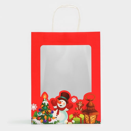 Пакет подарочный бумажный с окном «Снеговик» 26×35×16 см, крафт красный