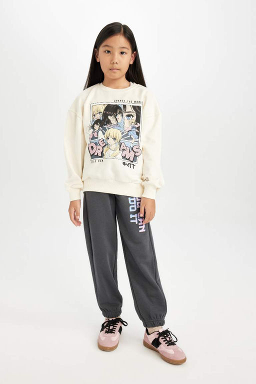 Толстовка оверсайз с широким кроем и круглым вырезом для девочек цвета экрю с принтом - Defacto фото 2