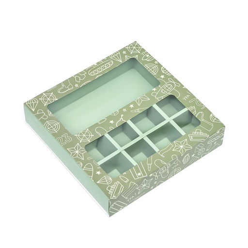 Цена за 2 шт. Коробка для 8 конфет шоколад, с окном, Военный стиль 17.7?17.8?3.8 см