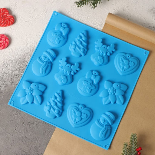Форма для шоколада новогодняя 3D Доляна Ёлочные игрушки, силикон, 30?30 см, 12 ячеек, синяя