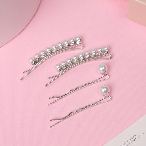 Невидимки для волос «Морская пена», набор 4 шт., бусины, 5 см и 5.5 см, серебристо-белые