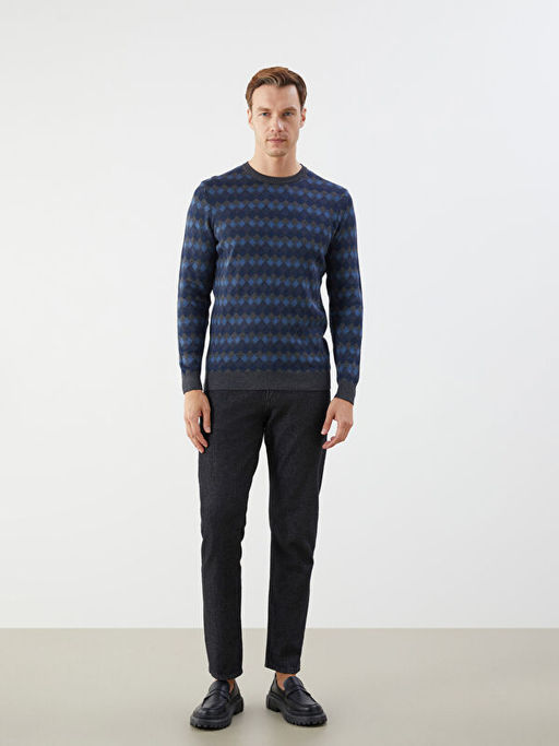 Bisiklet Yaka Uzun Kollu Baklava Desenli Erkek Triko Kazak