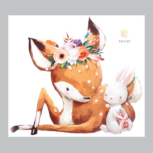 Наклейка пластик интерьерная цветная "Оленёнок с зайчиком" 39х44 см