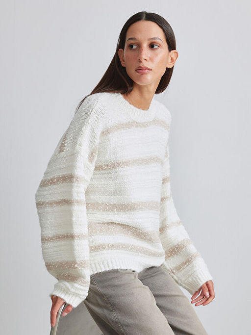 Bisiklet Yaka ?izgili Oversize Kad?n Triko Kazak