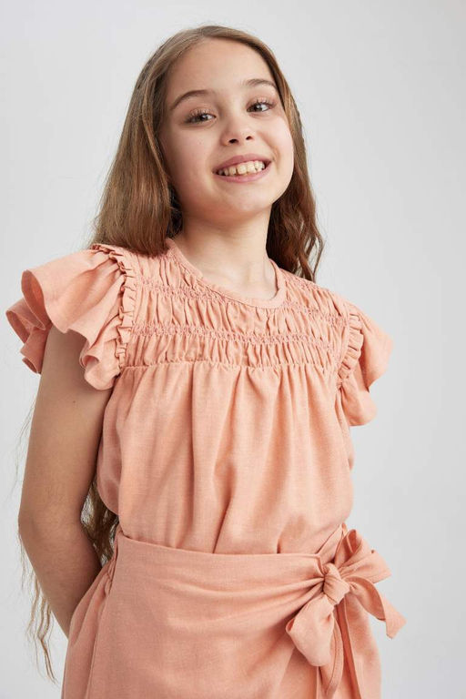 Блузка с короткими рукавами и круглым вырезом для девочек - Defacto фото 3