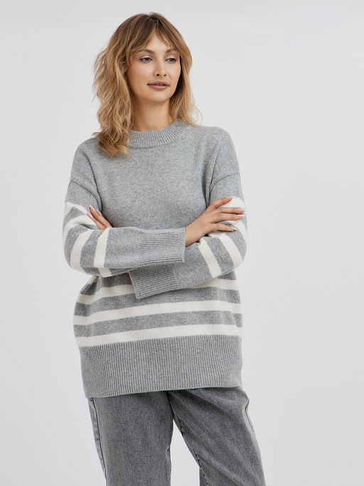 серый женский джемпер со спущенной линией плеча и с белыми полосками - Glenfield фото 5