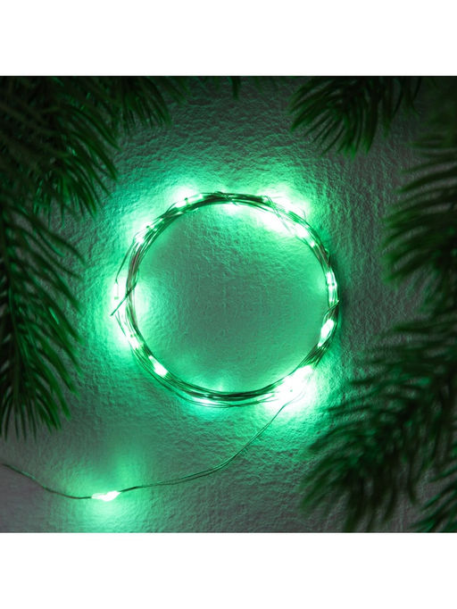 Гирлянда «Нить» 2 м роса. IP20, нить серебристая, 20 LED, 4.6 В, AG13x3 (в комплекте), 3 режима, свечение зелёное