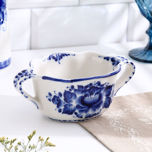 Бульонница с ручками Ивушка, H=7 см, 0.35 л, фарфор, гжель - Simaland фото 2