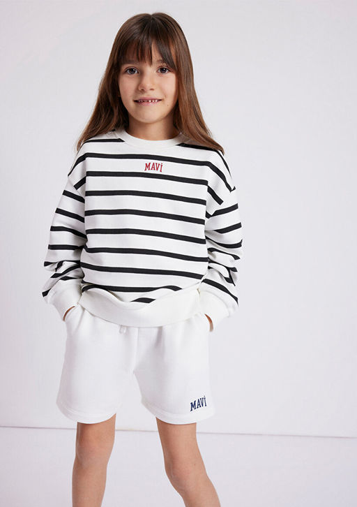 Mavi Logo Bask?l? Siyah ?izgili Sweatshirt
