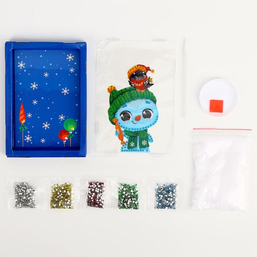 Алмазная мозаика на новый год для детей с частичным заполнением в рамке с растущим снегом Снеговик