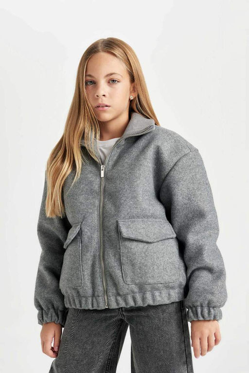 Ветрозащитное пальто с воротником-стойкой на молнии с двойным карманом и эластичной прострочкой для девочек - Defacto фото 3