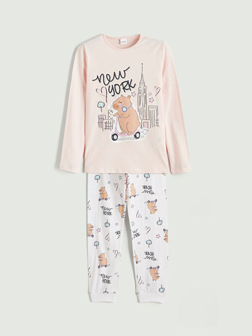 Bisiklet Yaka New York Bask?l? K?z ?ocuk Pijama Tak?m