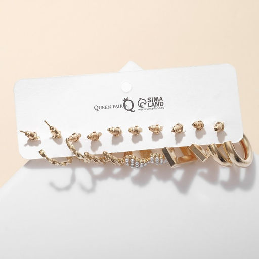 Набор серег 5 пар QF «Леди» линии, цвет белый в золоте