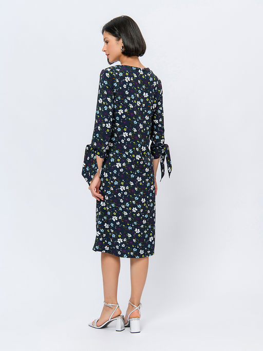 Платье синего цвета длины мини с цветочным принтом и завязками на рукавах - 1001dress фото 7