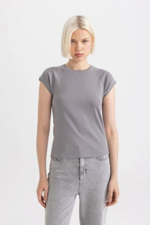 Slim Fit Dar Kesim Bisiklet Yaka Ribana Basic Duz K?sa Kollu Tisort