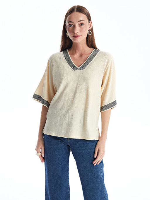 V Yaka ?erit Detayl? Oversize Kad?n Bluz