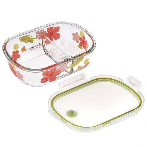 Лак ин лав (Luck in love) Ланч-бокс для продуктов (контейнер) стеклянный, 2 отделения, 1л, 20,5х14,5см h6,4см, боросиликатное стекло, с деколью, прямоугольный, пластмассовая крышка с пароотводом, герметичная, с клипсами, с силиконовым уплотнителем - Домашняя мода фото 2